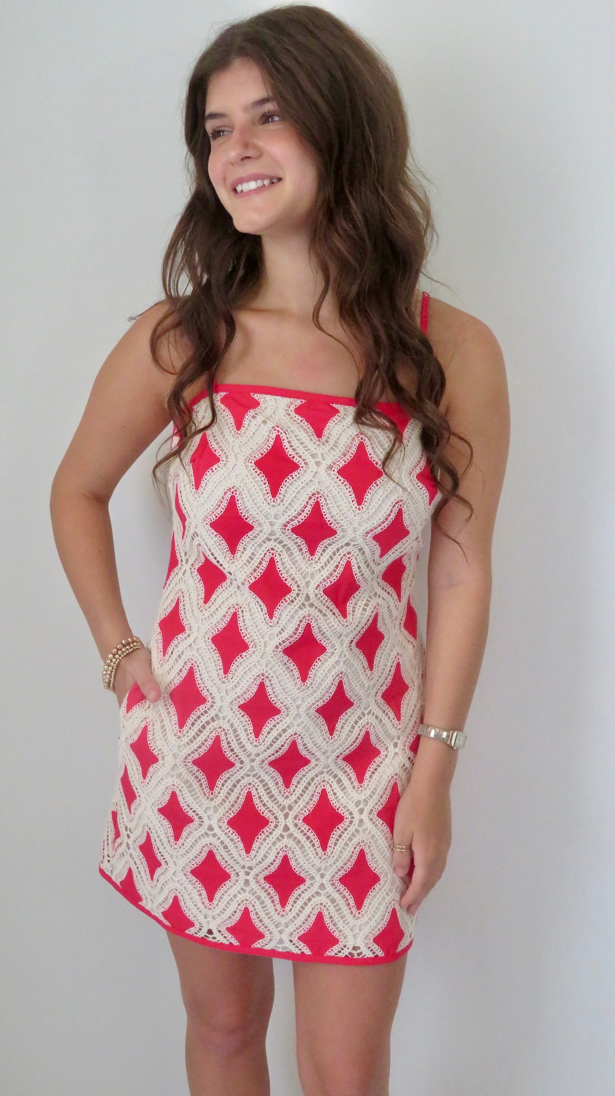 Contrast Diamond Crochet Mini Dress - Red