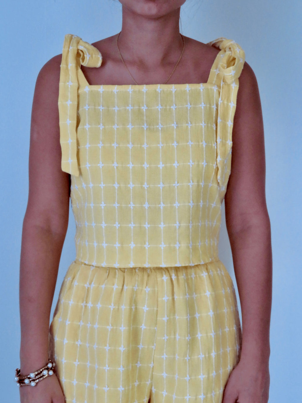 Square Neck Textured Grid Tie Cami Top with Matching Shorts - Lemon