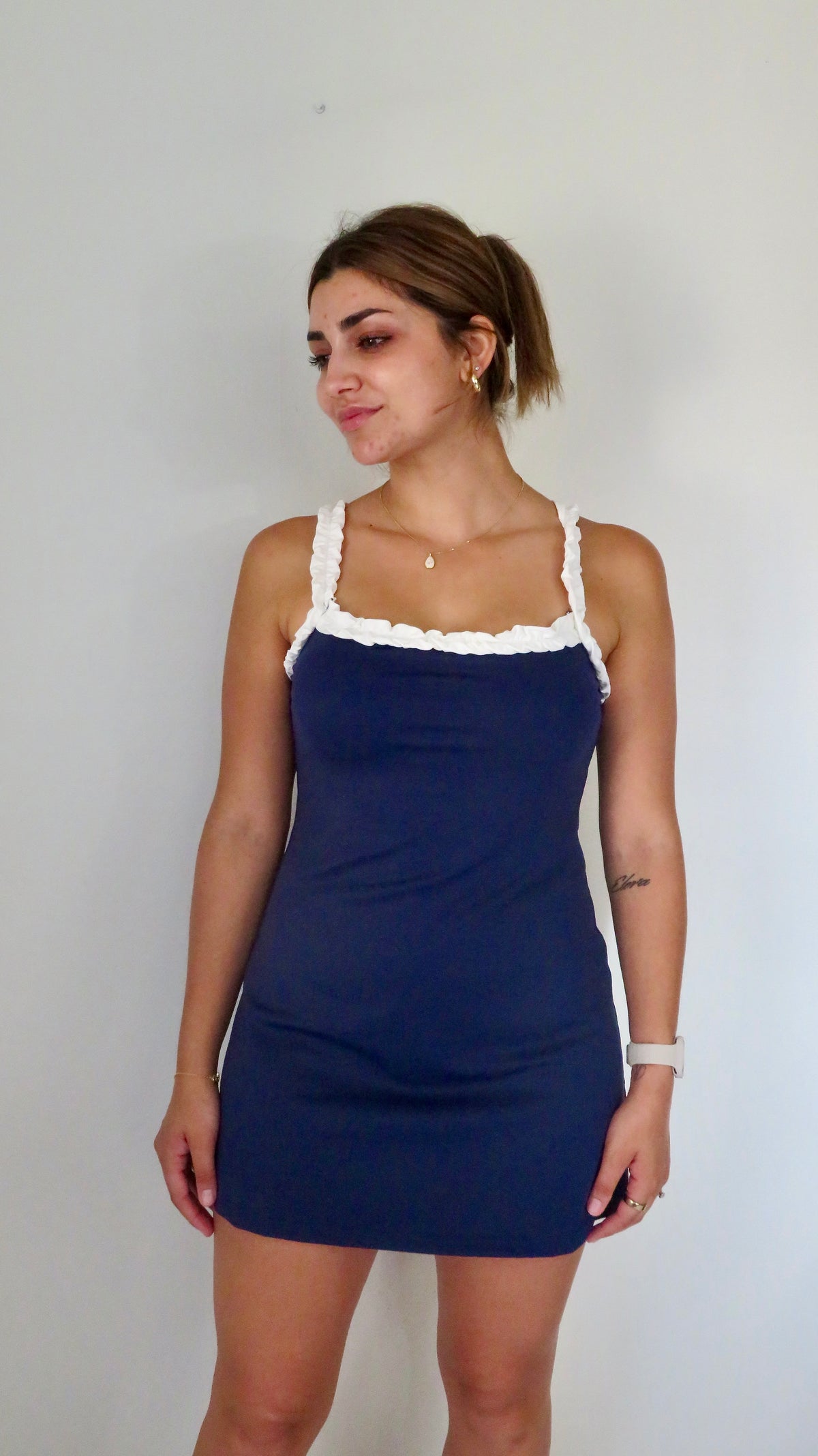 Ruffle Trim Athleisure Dress with Built-In Shorts