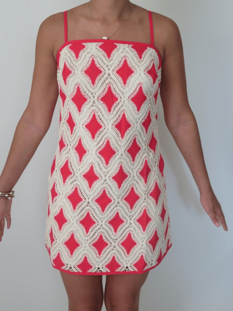 Contrast Diamond Crochet Mini Dress - Red