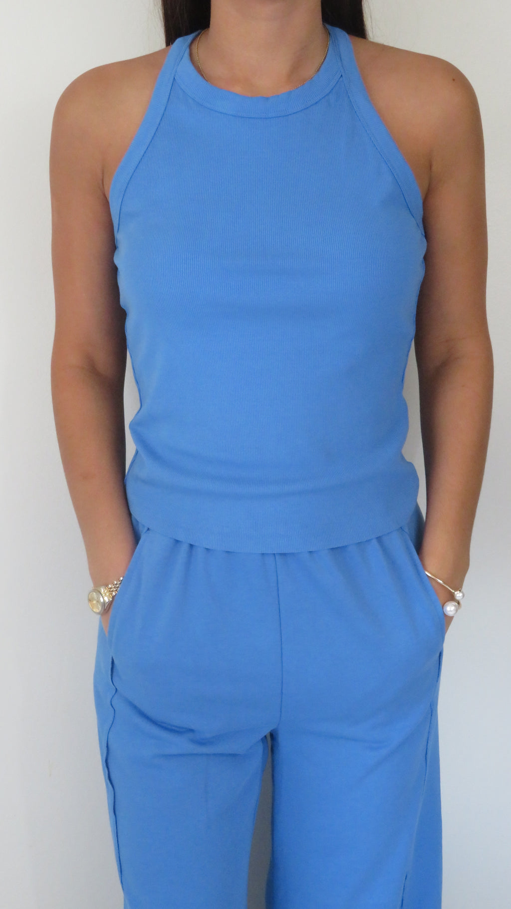 Slim Ribbed Tank Top and Sweatpants Set: Sky Blue