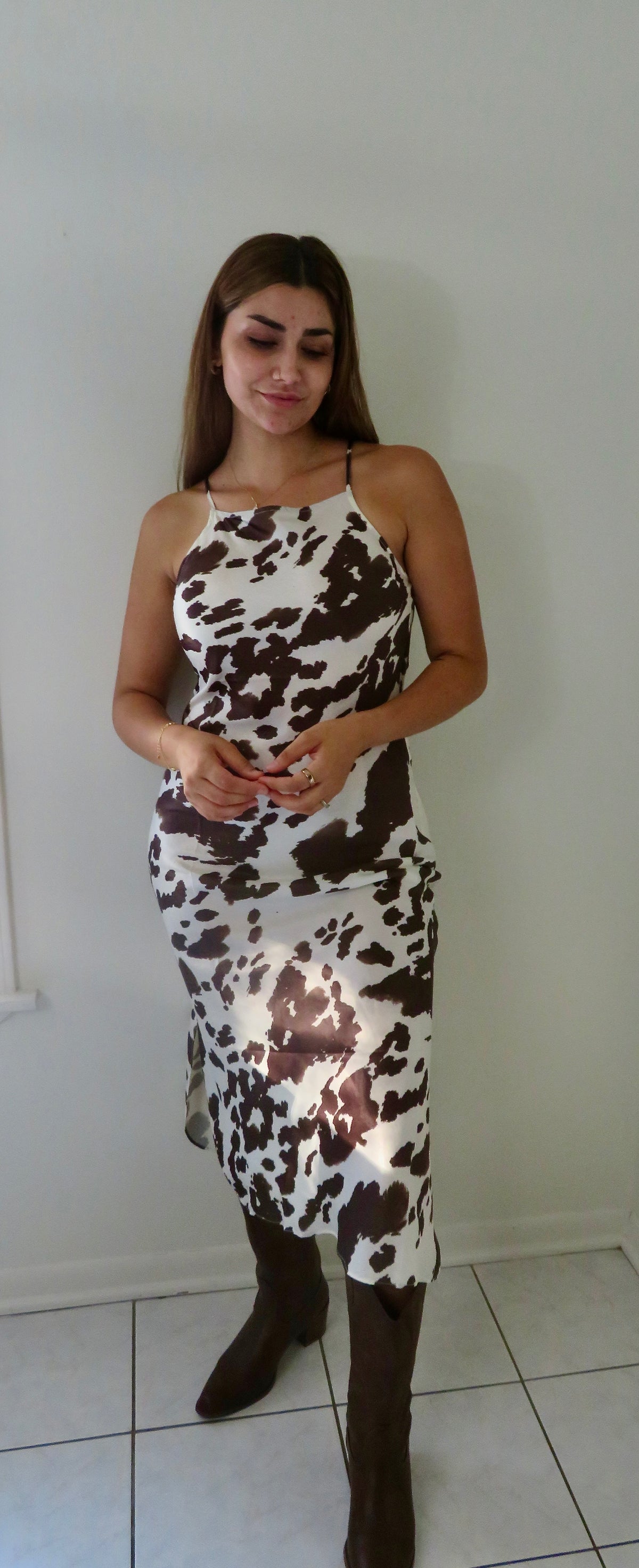 Cow Print Sleeveless Midi Dress