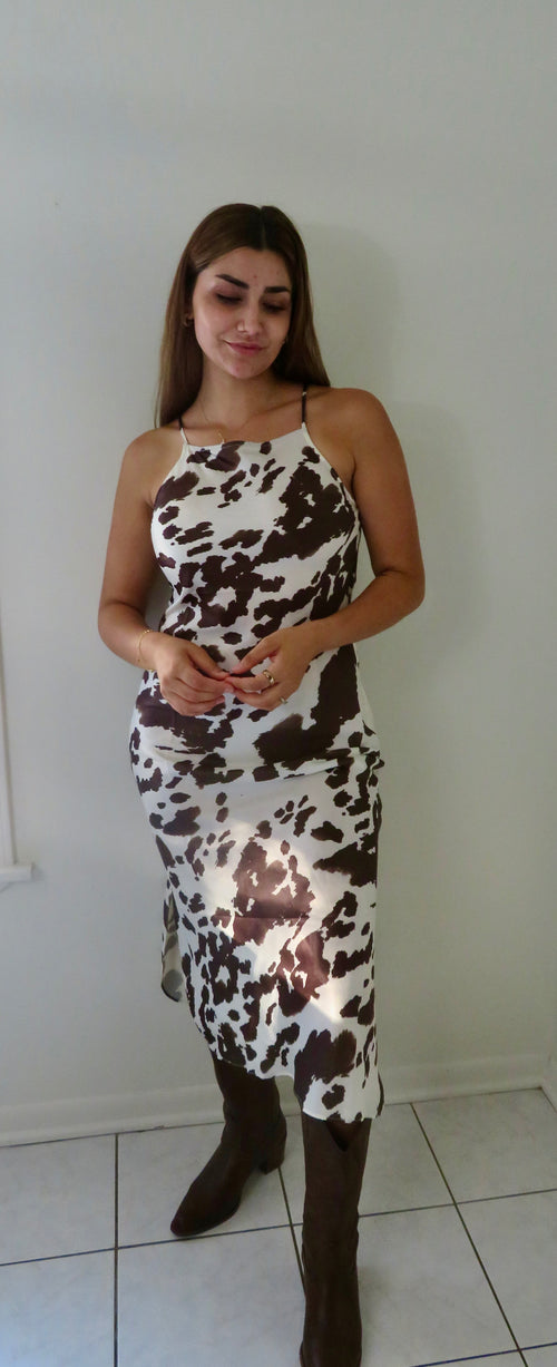 Cow Print Sleeveless Midi Dress