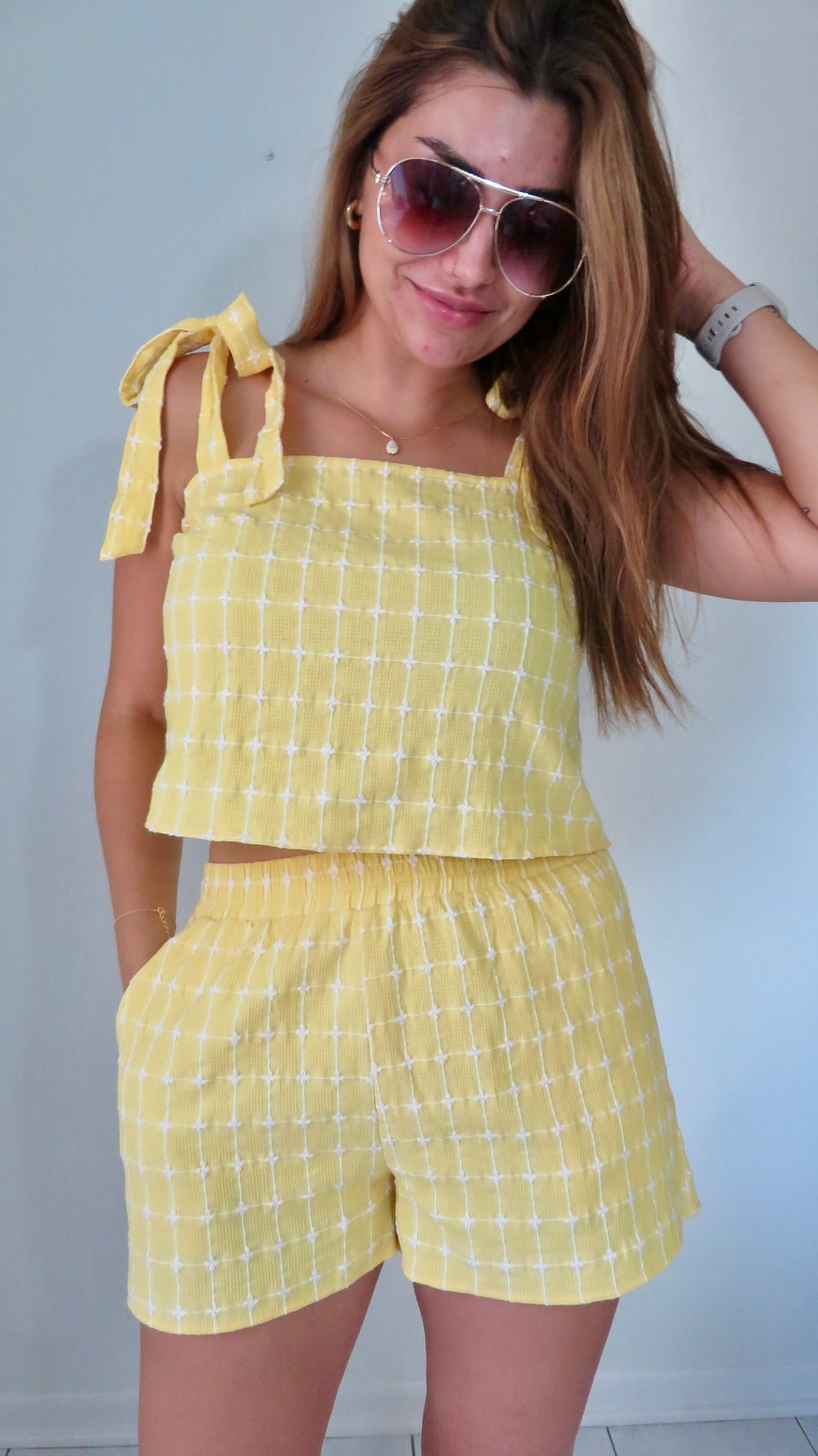 Square Neck Textured Grid Tie Cami Top with Matching Shorts - Lemon