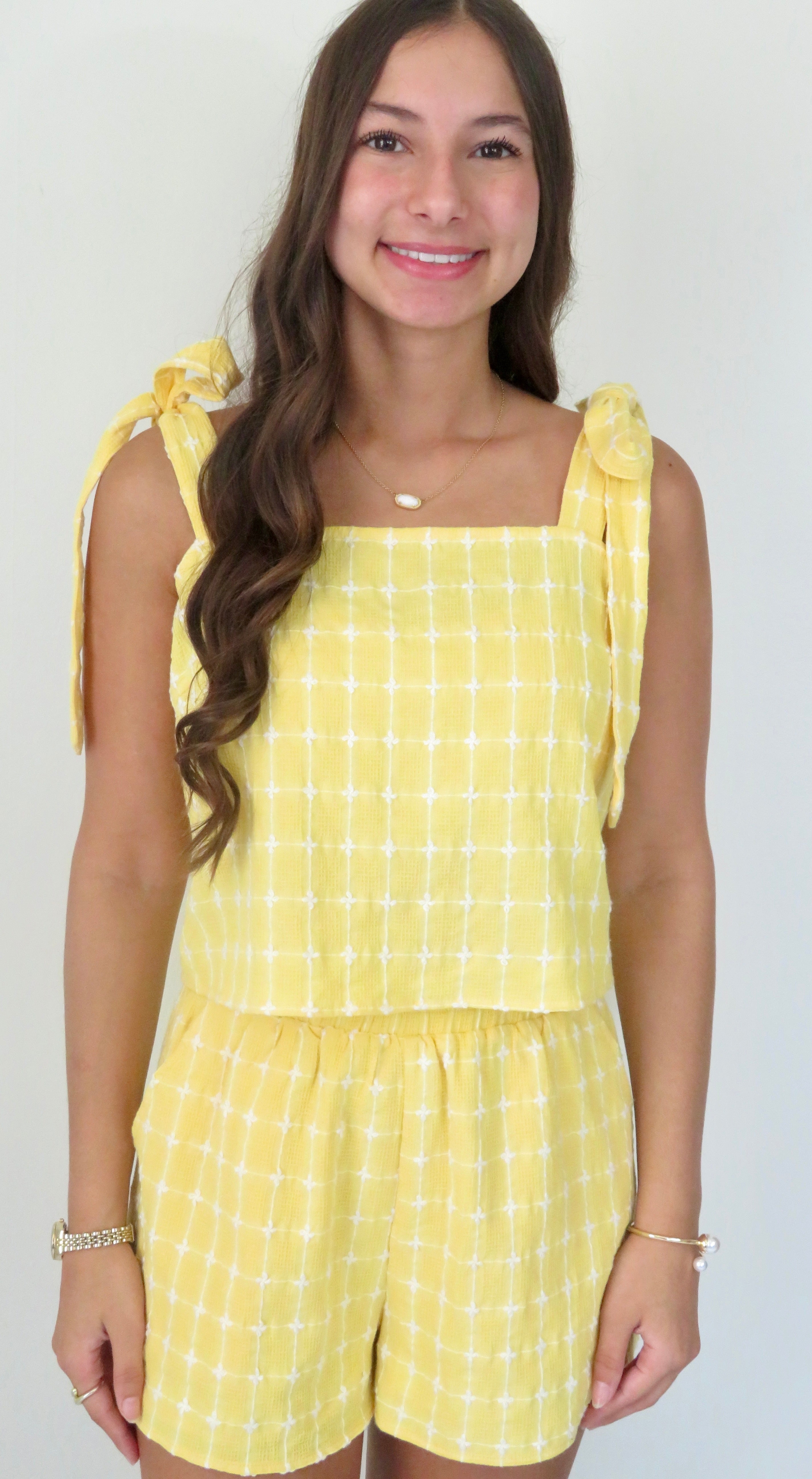 Square Neck Textured Grid Tie Cami Top with Matching Shorts - Lemon