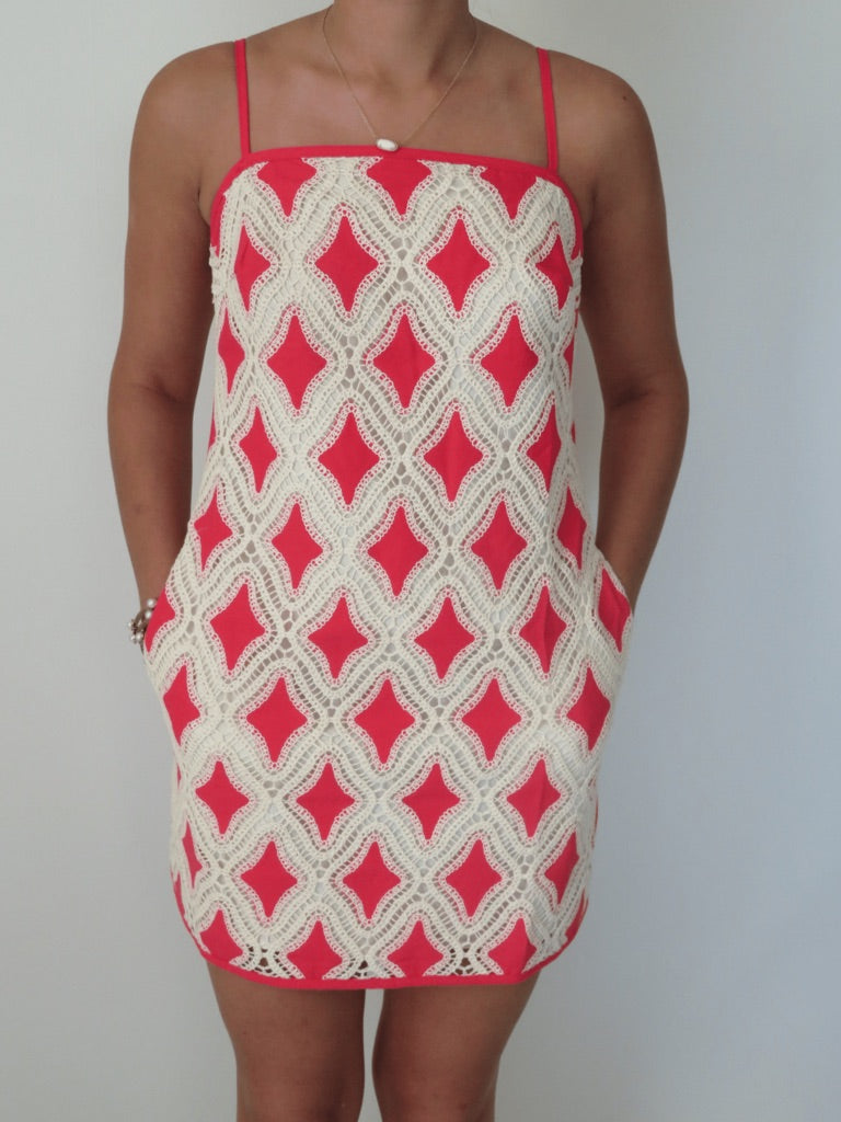 Contrast Diamond Crochet Mini Dress - Red