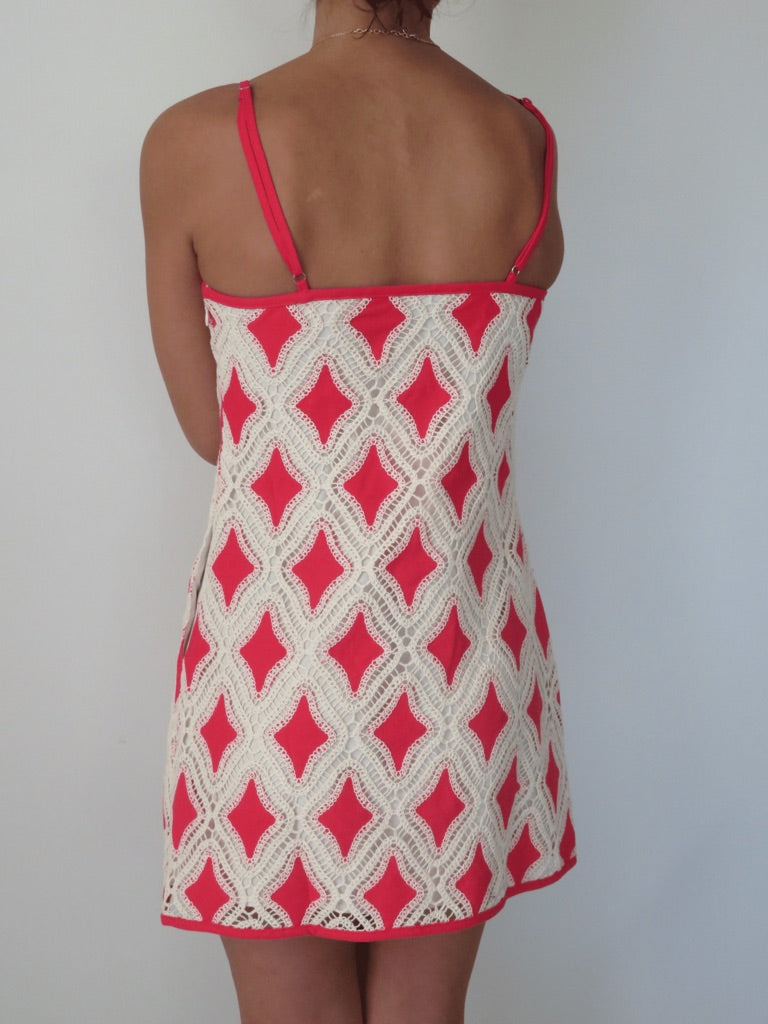 Contrast Diamond Crochet Mini Dress - Red