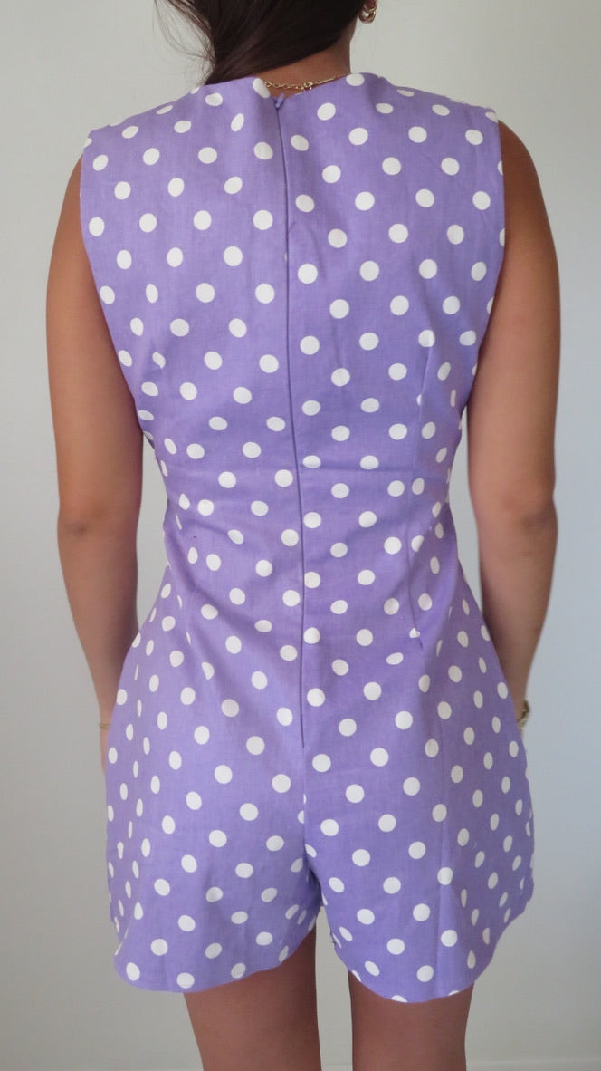 Polka Dot Romper W/ Scalloped Flap & Button Front