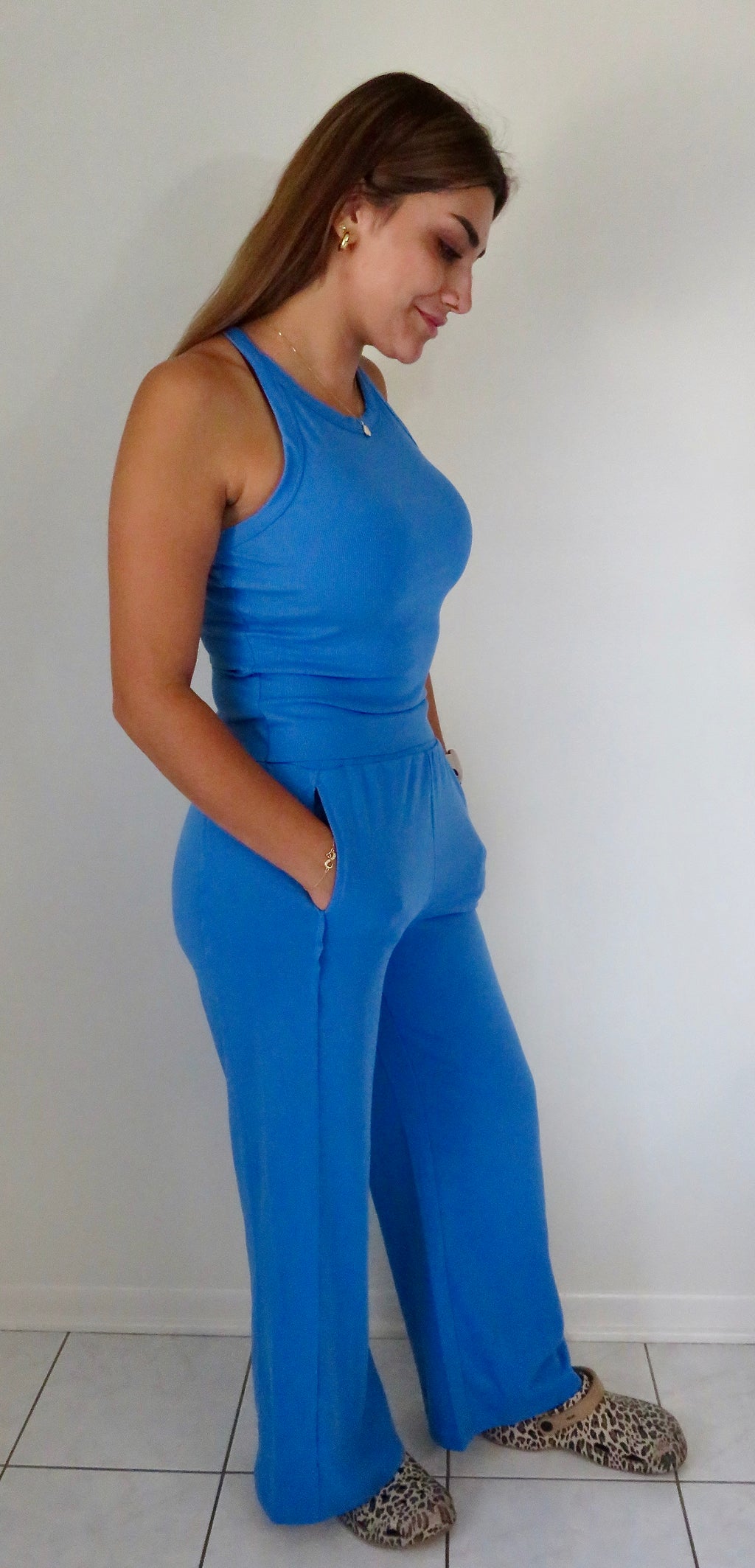 Slim Ribbed Tank Top and Sweatpants Set: Sky Blue