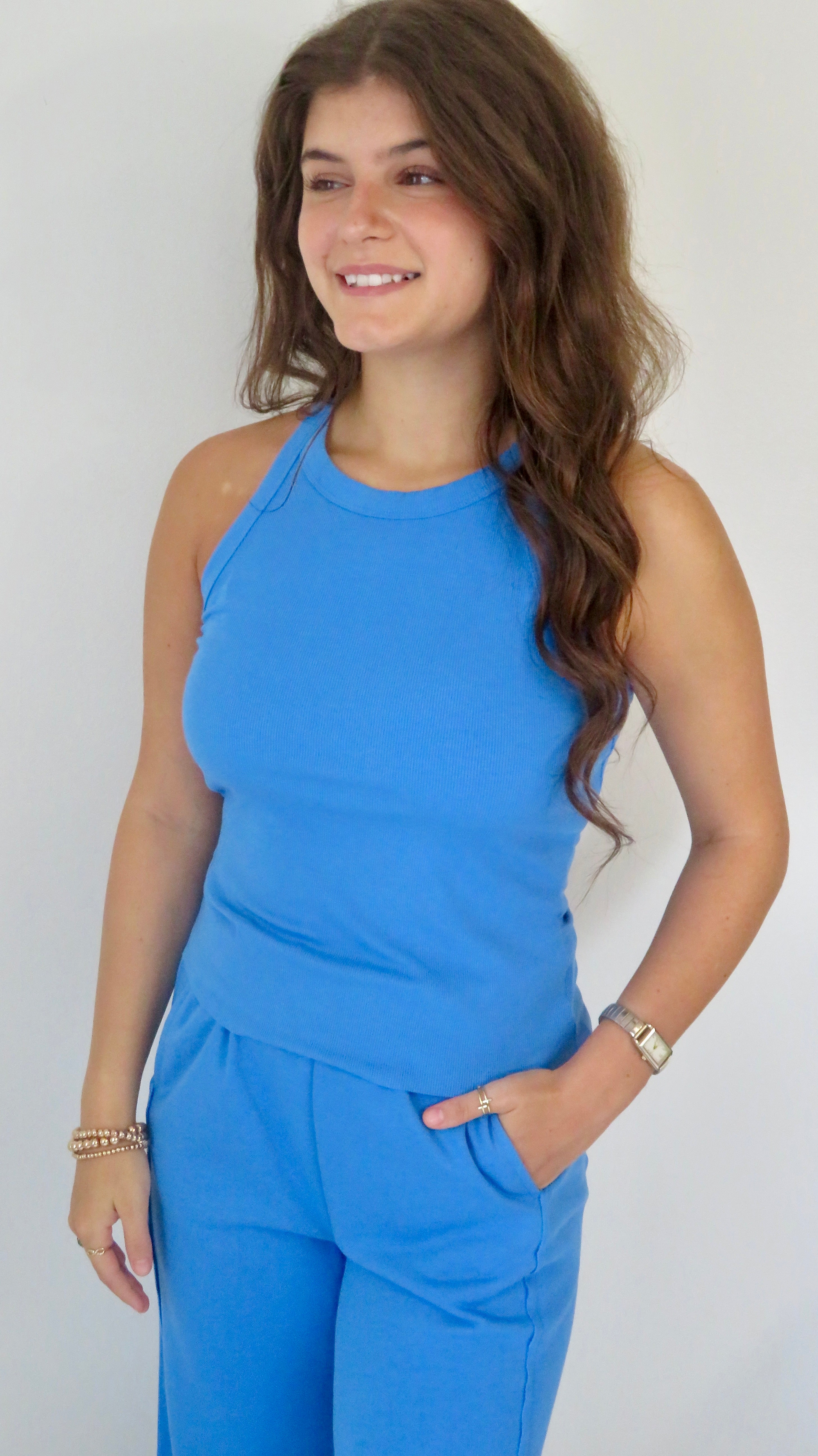 Slim Ribbed Tank Top and Sweatpants Set: Sky Blue