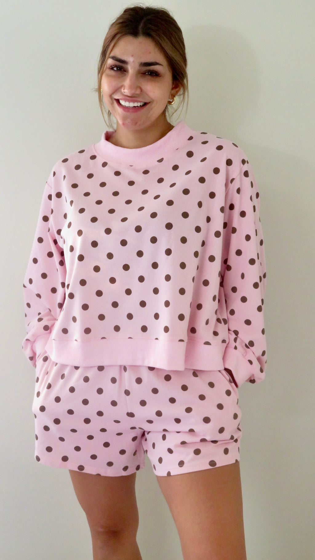 Polka Dot Mockneck Lounge sweatshirt top and shorts
