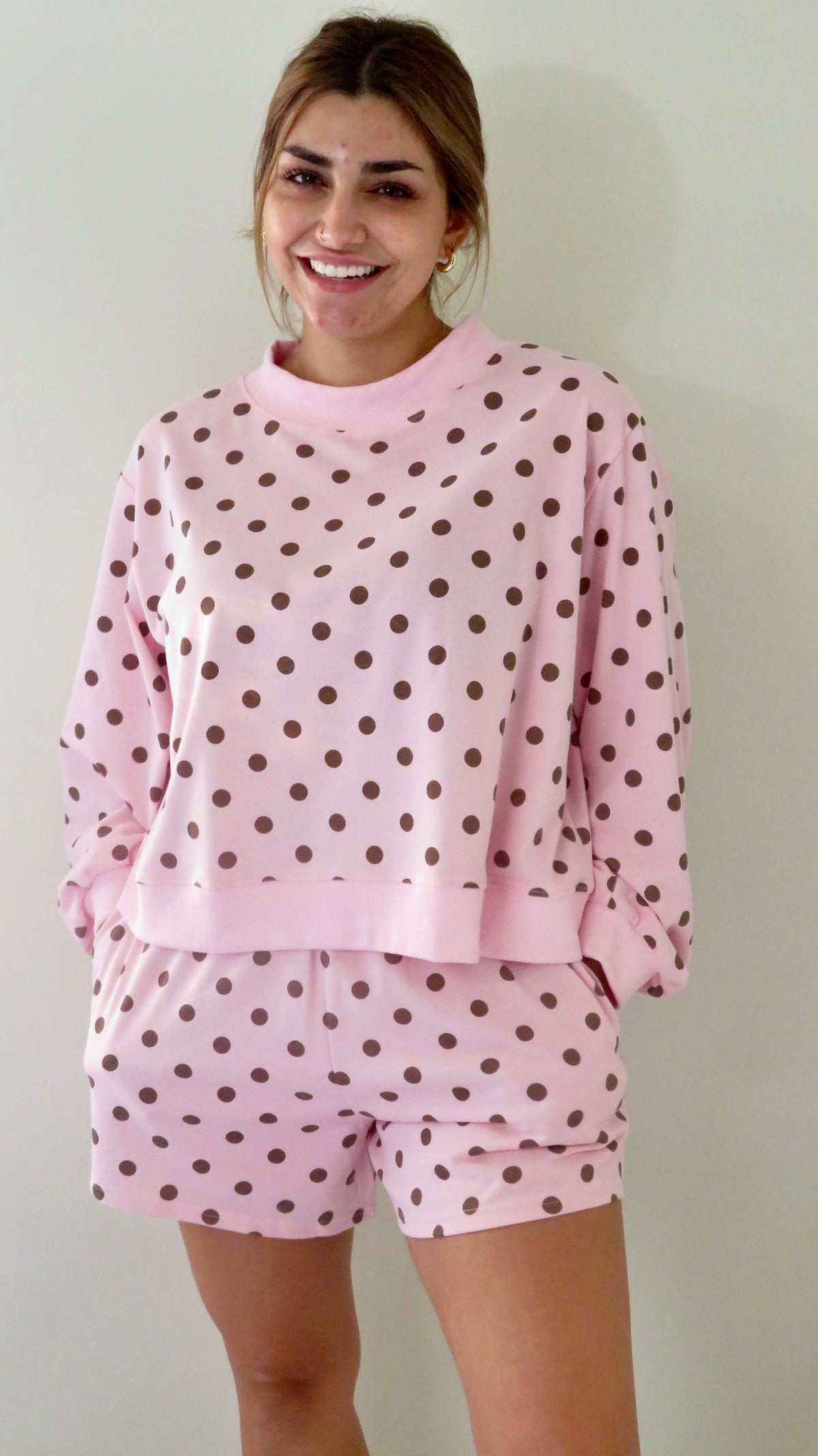 Polka Dot Mockneck Lounge sweatshirt top and shorts