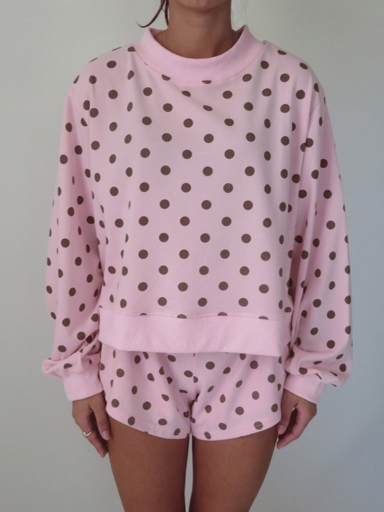 Polka Dot Mockneck Lounge sweatshirt top and shorts