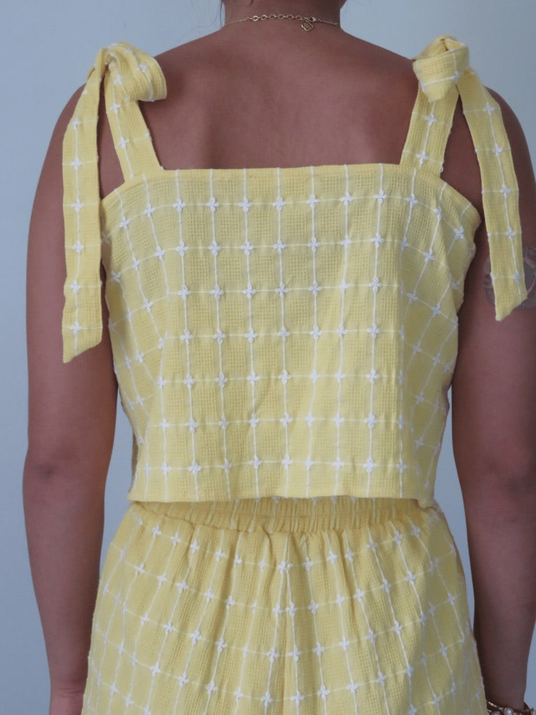 Square Neck Textured Grid Tie Cami Top with Matching Shorts - Lemon