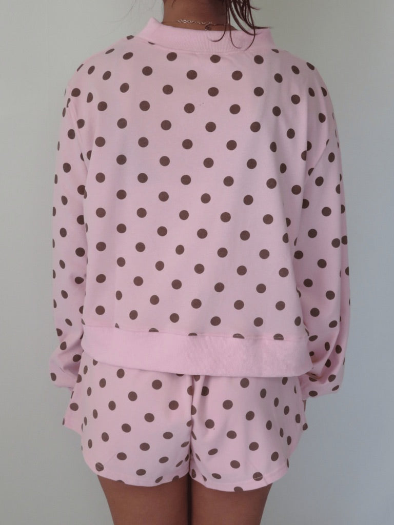 Polka Dot Mockneck Lounge sweatshirt top and shorts