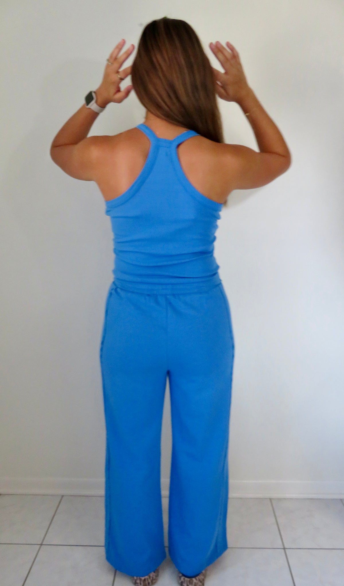 Slim Ribbed Tank Top and Sweatpants Set: Sky Blue