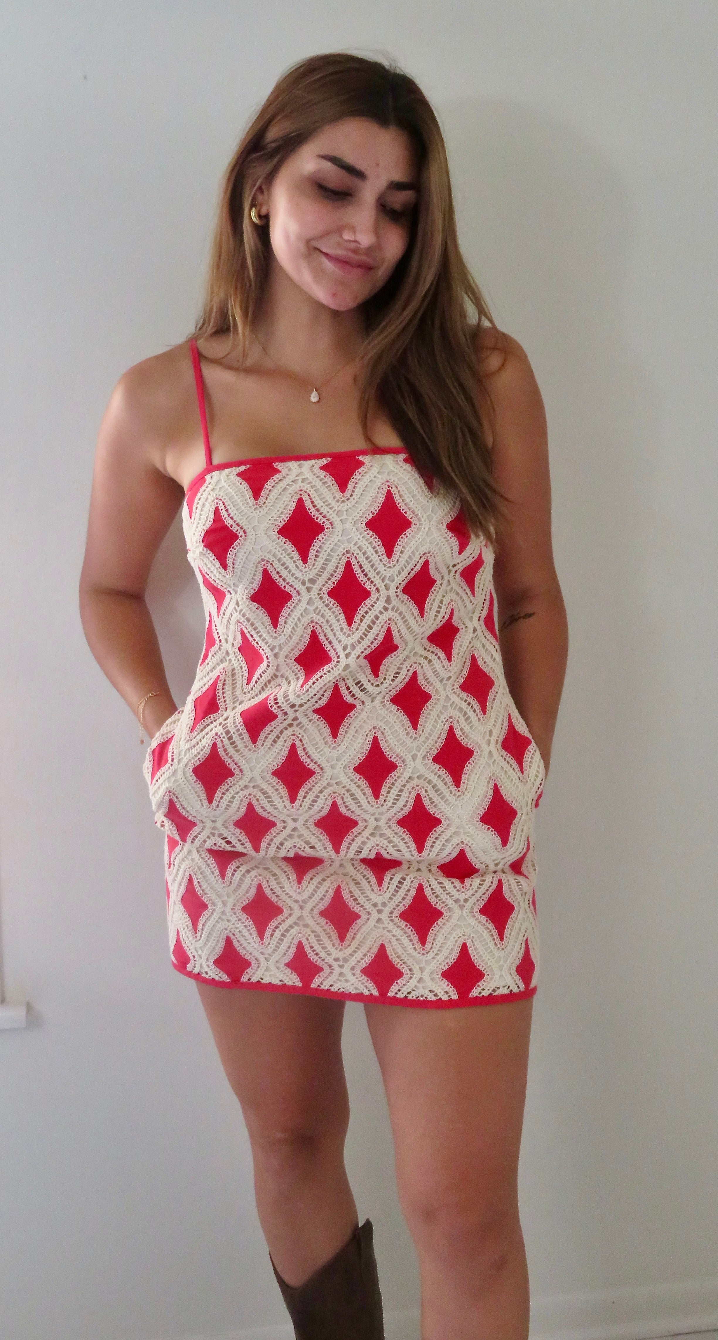 Contrast Diamond Crochet Mini Dress - Red