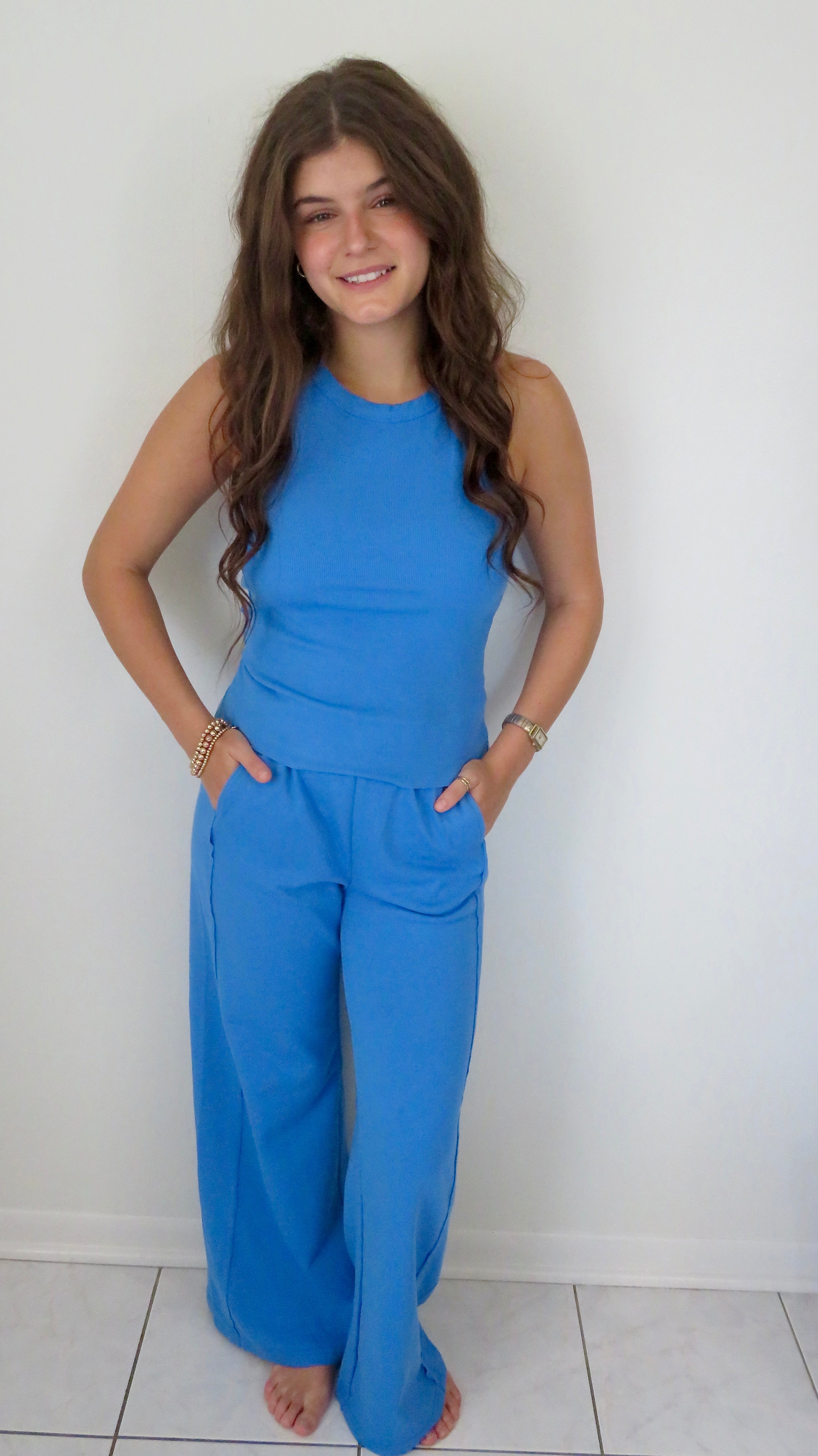Slim Ribbed Tank Top and Sweatpants Set: Sky Blue