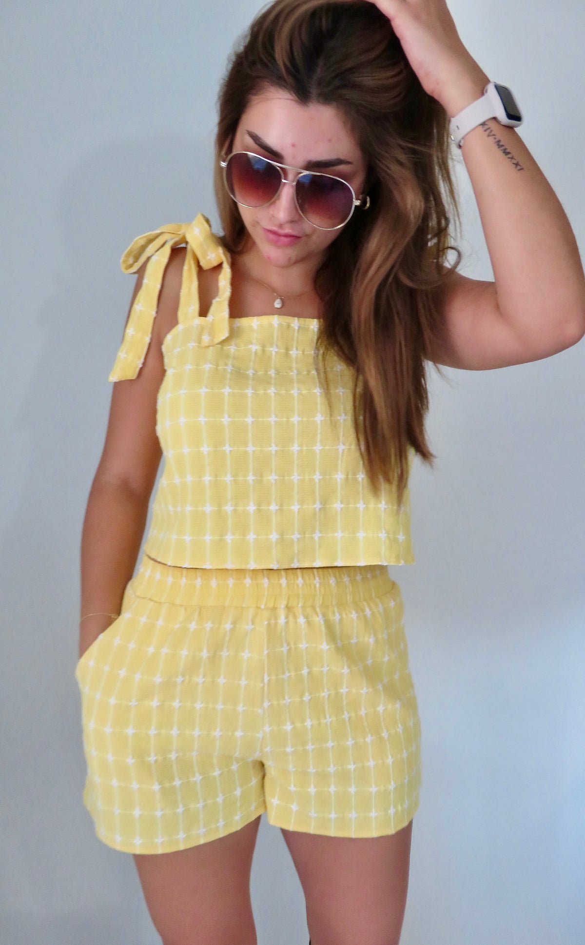 Square Neck Textured Grid Tie Cami Top with Matching Shorts - Lemon
